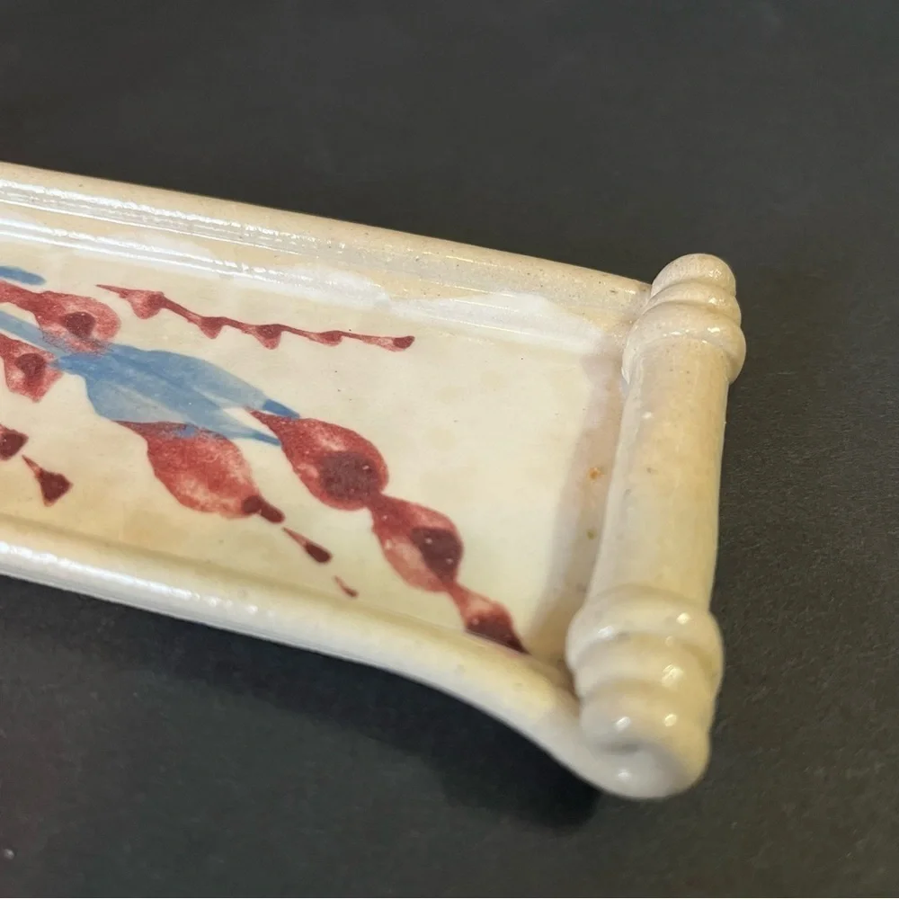 Art Pottery Butter Stick Dish Tray Handled Glazed Rolled Loop Incense Pottery